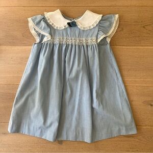 Vintage Blue and White Striped Dress with smocking and Lace Trim in size 6.